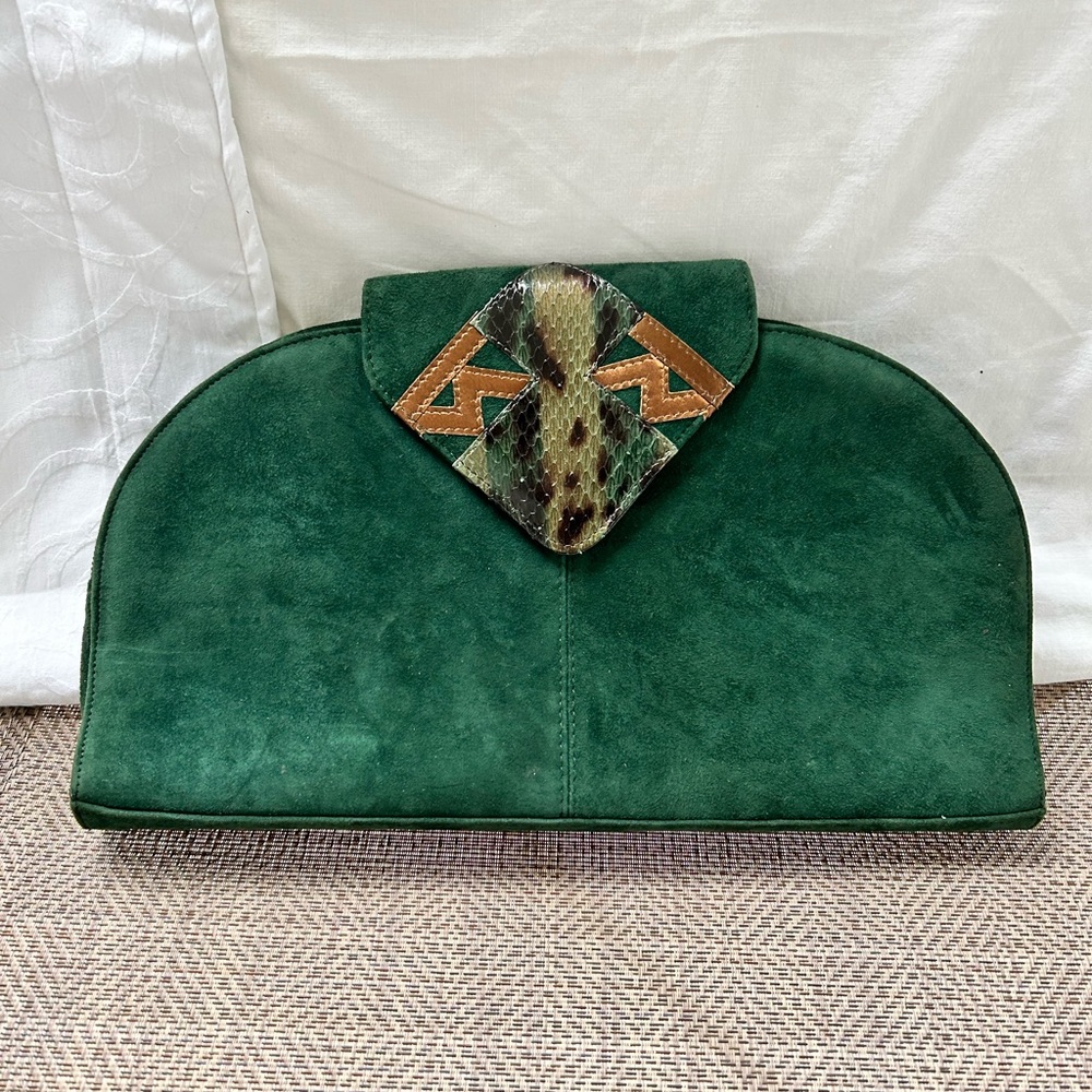 Vintage Jasmine Emerald Green Genuine Suede Handbag with Snakeskin Accent.